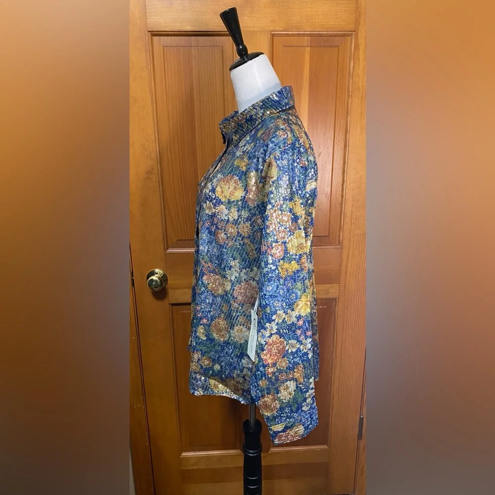 NWT Plus Size Floral Sequin Button-Up Shirt - Picture 4 of 6